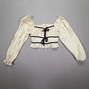 Thirty Thirty LA Crop Top Women Small Good Cream Velvet Ribbon Milkmaid Boho